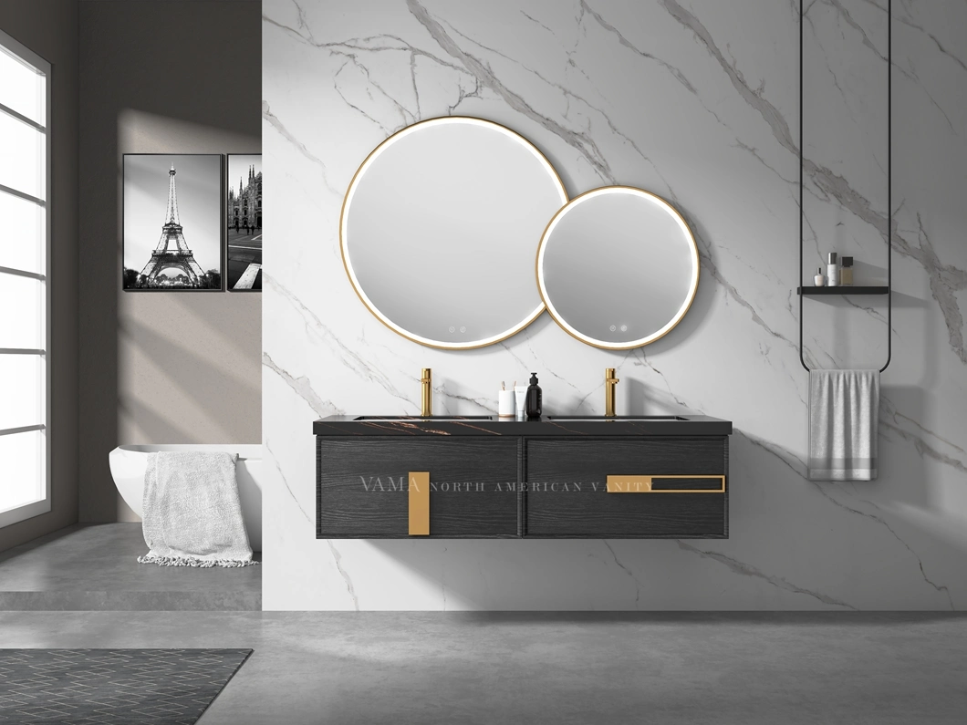 Vama 1600mm Modern Minimalist Furniture Golden Handles Sintered Stone Counter Top Luxury Bathroom Vantiy with LED Mirror A30516