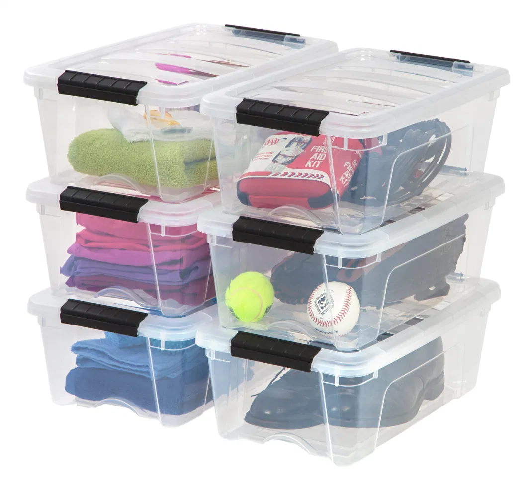 Plastic Storage Bin Tote Organizing Container with Durable Lid and Secure Latching Buckles Stackable and Nestable 6 Pack Clear with Black Buckle