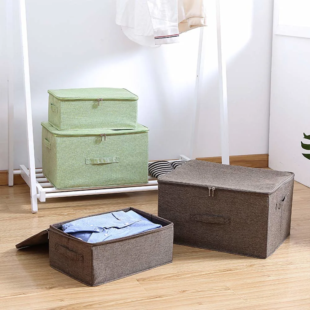 Storage Bins with Zipper Lid Storage Boxes with Handles PP Plastic Board Foldable Lidded Cotton Linen Fabric Home Cube Basket Closet Clothes Toys Organizer