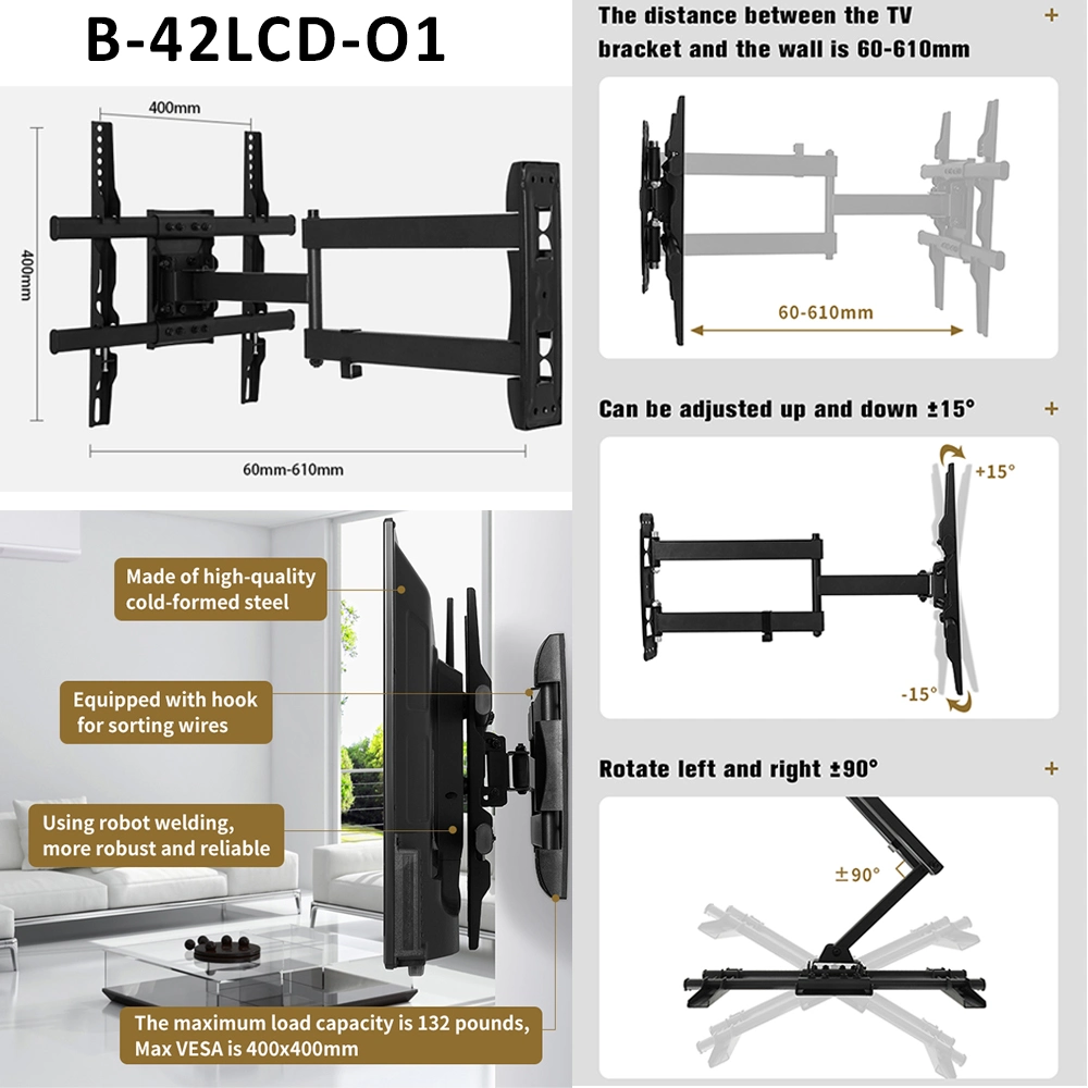 Vesa 600X400 Full Motion Telescopic TV Wall Mount Bracket 14&quot; 26&quot; 32&quot; 37&quot; 42&quot; 46&quot; 50&quot; 55&quot; 60&quot; 65&quot; 100&quot; Hidden Fixed Swivel Tilt TV Mount Bracket