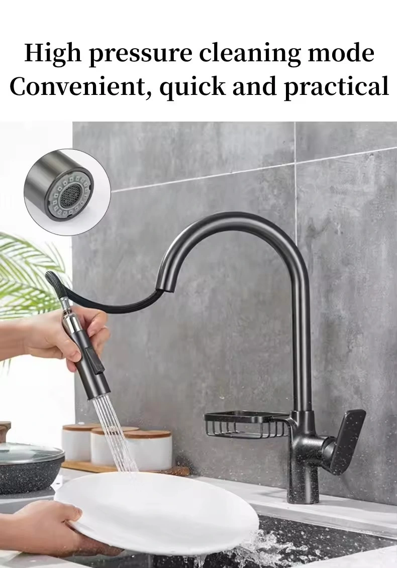 Factory Wholesale New Gun Gray Tap Drop Down Dual Function with Storage Rack Kitchen Sink Faucets Hot and Cold Mixed Water Faucet