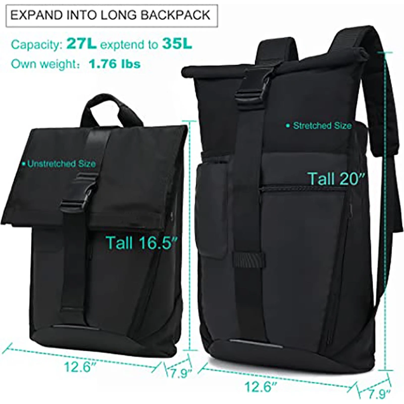 Extendable Waterproof Rolltop Backpack Durable Stylish Laptop School Notebook Bag with Compartments