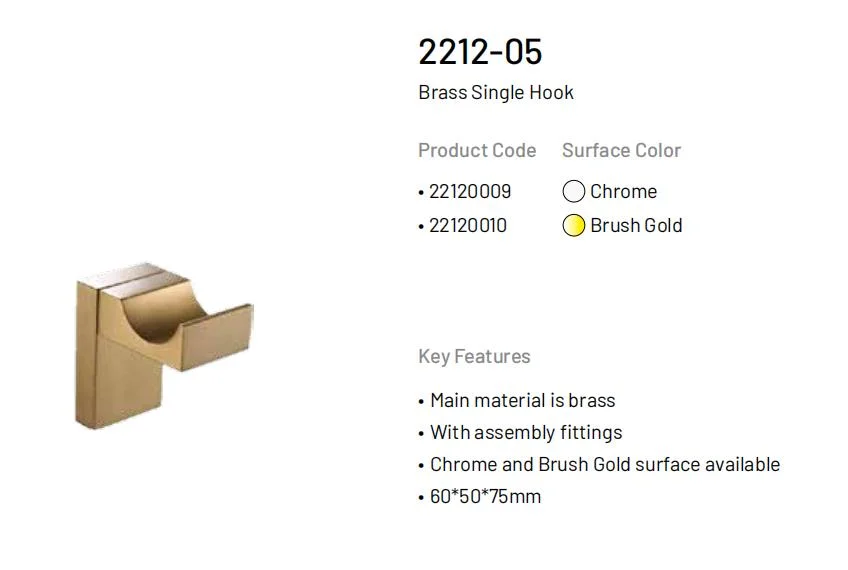 2212 Series Brushed Gold High-End Wall Mounted Brass Accessories Bathroom Hardware Set