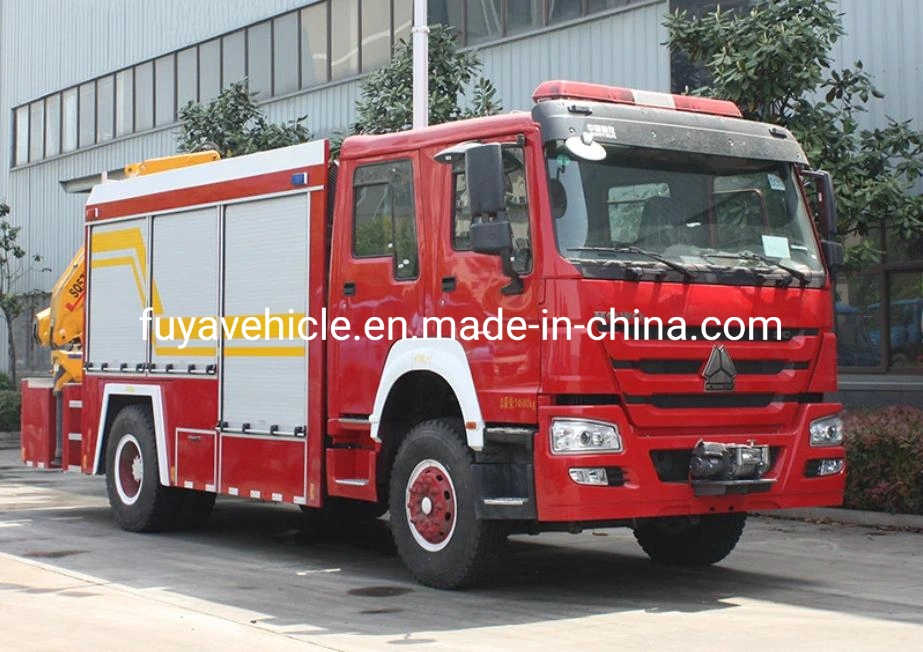 Sinotruk HOWO 4X2 Fire Engine Truck 5tons 5cbm 5000liters Water Tank Fire Rescue Truck with 5 Tons Powerful Crane for Sale