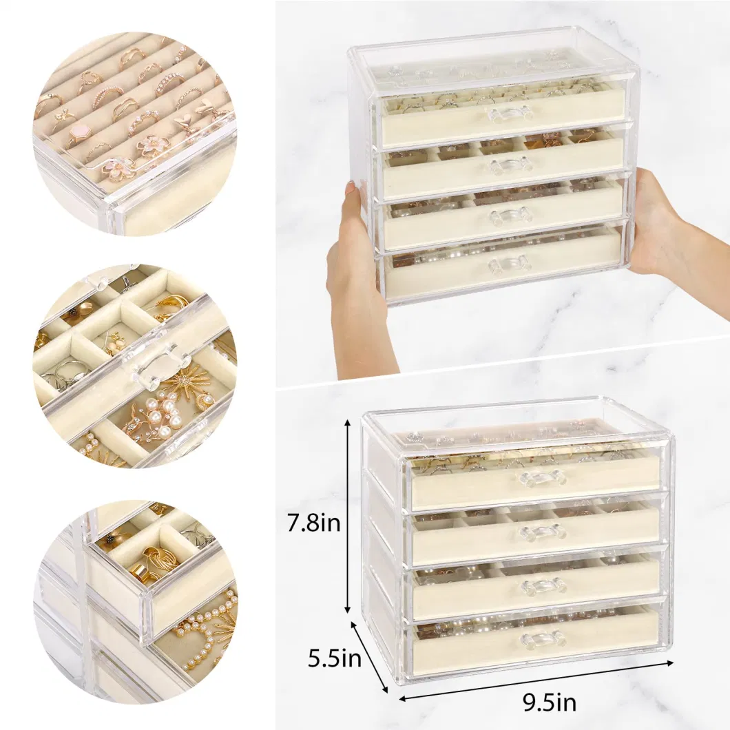 Acrylic Jewelry Organizer Clear Jewelry Box with 4 Drawers Velvet Rings Earring Necklace Bracelet Display and Storage Case for Women