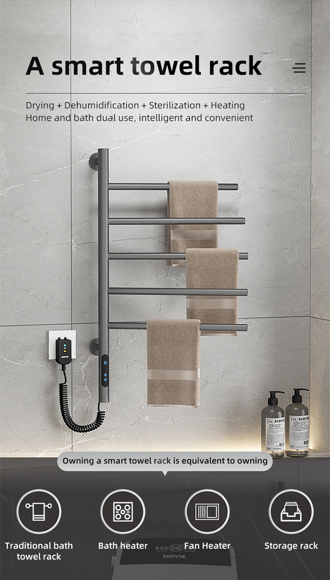 Wall Grey Adhesive Bath Rotating Towel Rack Warmer Bathroom Stainless Steel Thermostat Electric Towel Rack