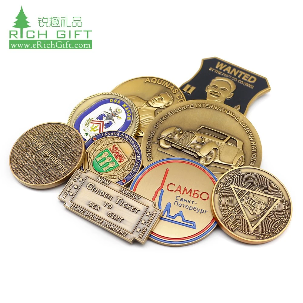 Single Custom Made 3D Logo Printed Novelty Gold Plated Souvenir Metal Medal Mint Antique Brass Copper Engraved Silver Stamping Spinner Challenge Coin No Minimum