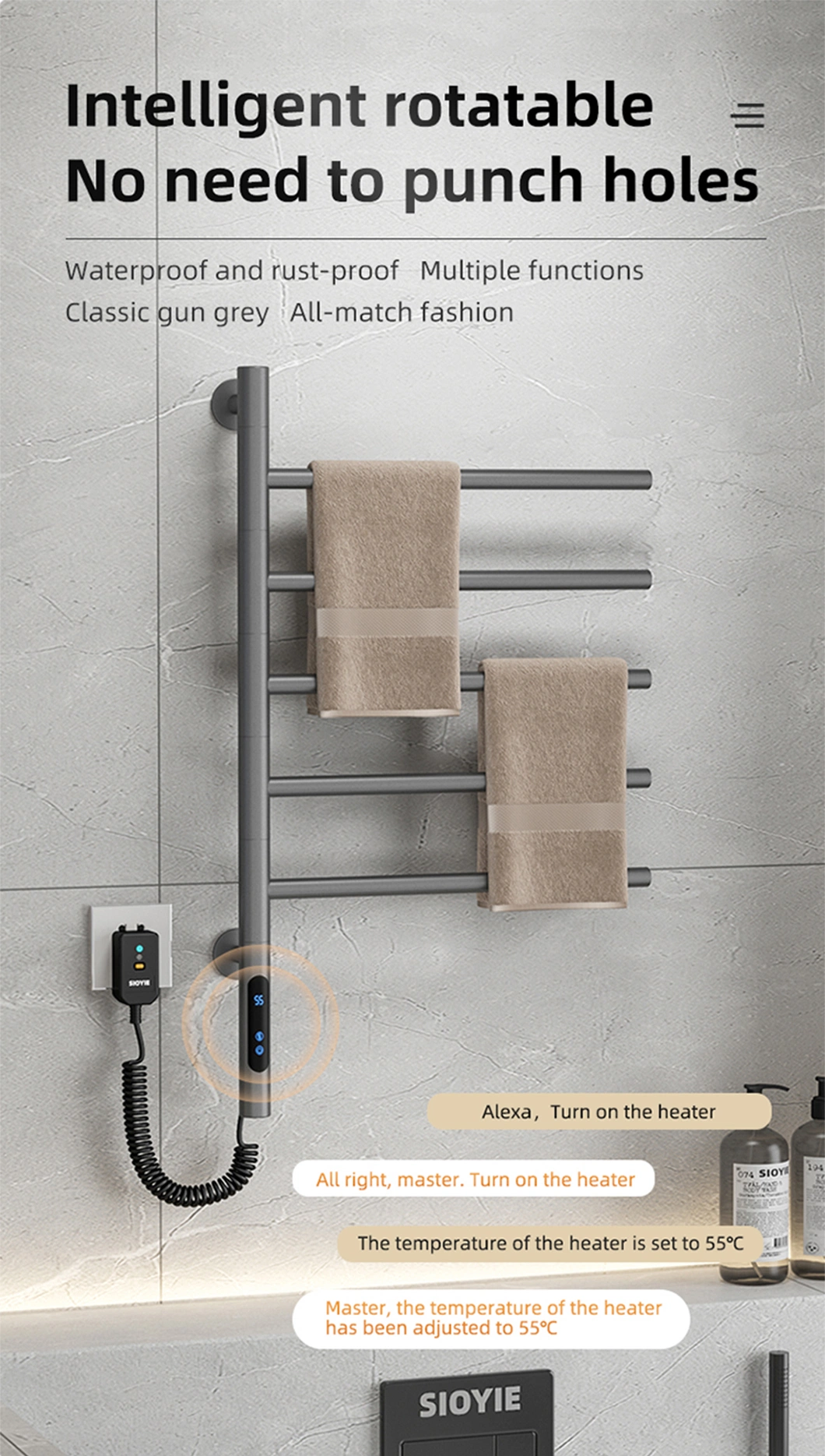 New Design Wall Rotating Towel Rack Heated Drying Bathroom Stainless Steel Grey Electric Towel Rack