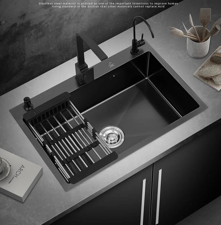 Black Nano Stainless Steel Double Bowl Sink with Drain Basket for Kitchen