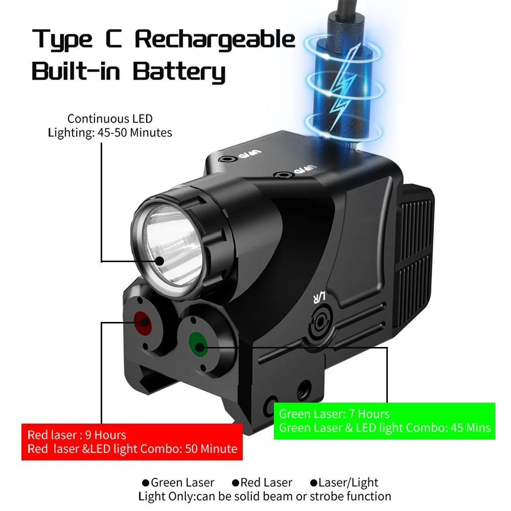 600 Lumens Strobe Flashlight Tactical Green/Red Laser Sight Combo Rechargeable Dual Laser Sight Class Iiia, 5MW Removable Slide Rail Mount