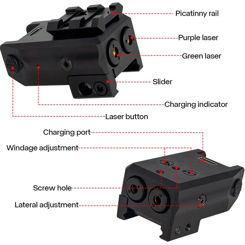 Compact Dual Aiming Tactical Rail Laser Sight Green &amp; Red Laser Sight USB Rechargeable Picatinny Rail Mount Low Profile for Gun