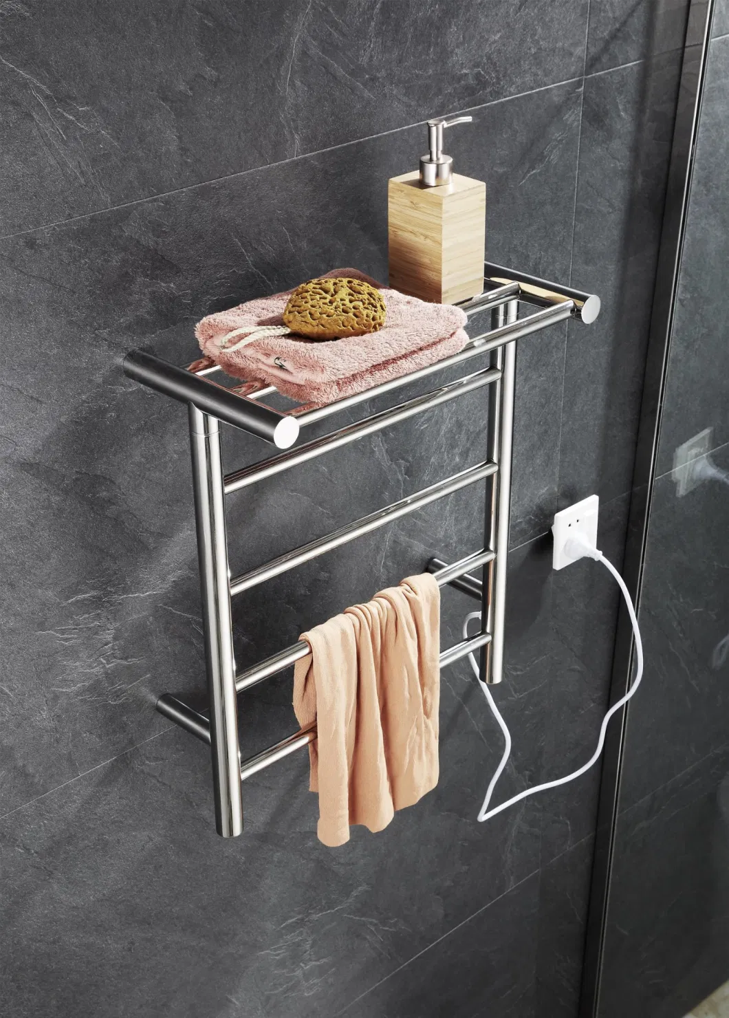 Bathroom Accessories Wall Mounted Heated Towel Rack with Shelf