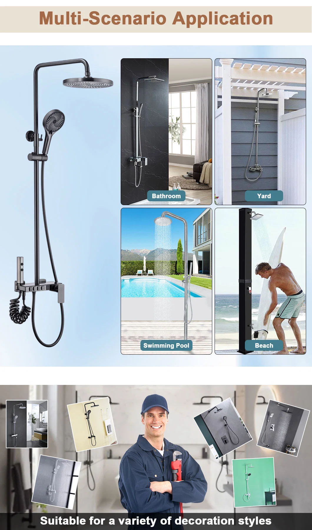 Gun Ash Large Storage Rack Constant Temperature Digital Display Bathroom Shower Set