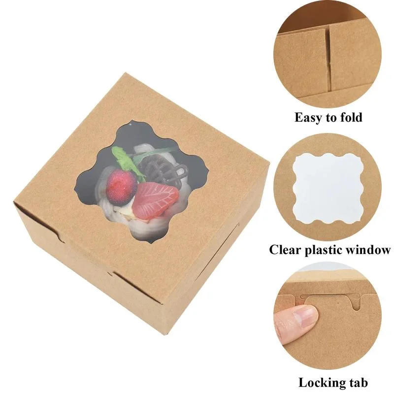 Wholesale Pirce Dessert Box with Window, Bulk Bakery Containers for Cookies, Mini Pies, Cupcakes (Kraft Paper)