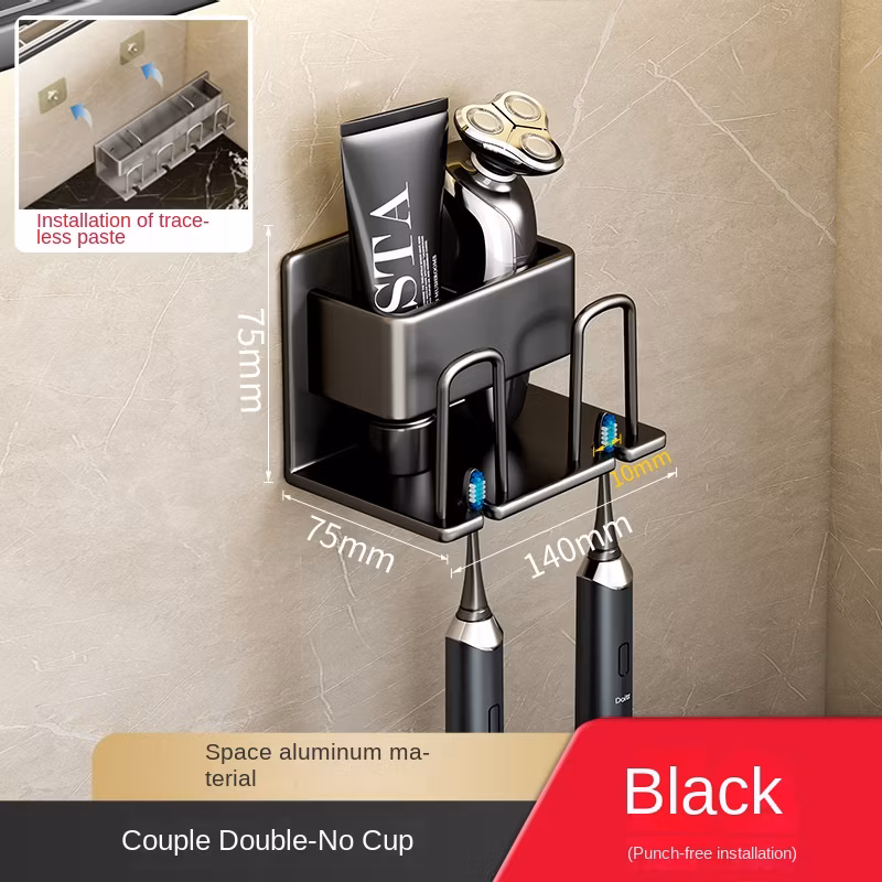 Toothbrush Rack Wall-Mounted Mouthwash Cup Storage Rack (black for two people)