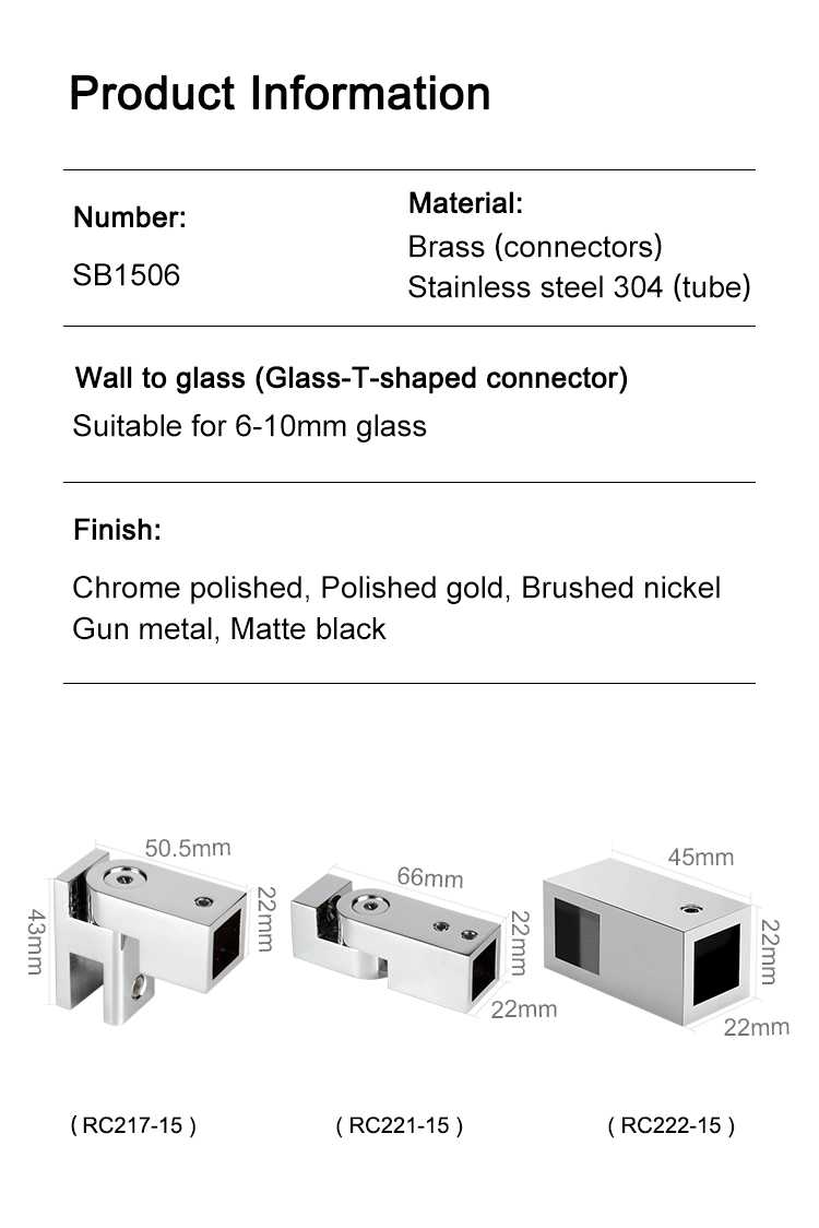 15X15mm Brass T-Shaped Connector Glass to Wall Square Support Bar Frameless Glass Door Fixing Bracket Sb1506