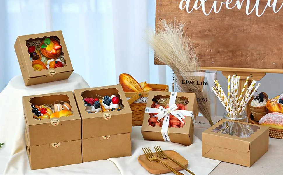 Wholesale Pirce Dessert Box with Window, Bulk Bakery Containers for Cookies, Mini Pies, Cupcakes (Kraft Paper)