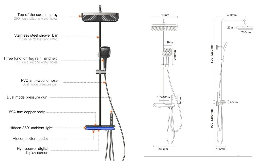 Ortonbath Gun Metal Shower System Wall Mount Rain Mixer Shower Combo Set 4 Way LED Digital Display Shower Faucet Set