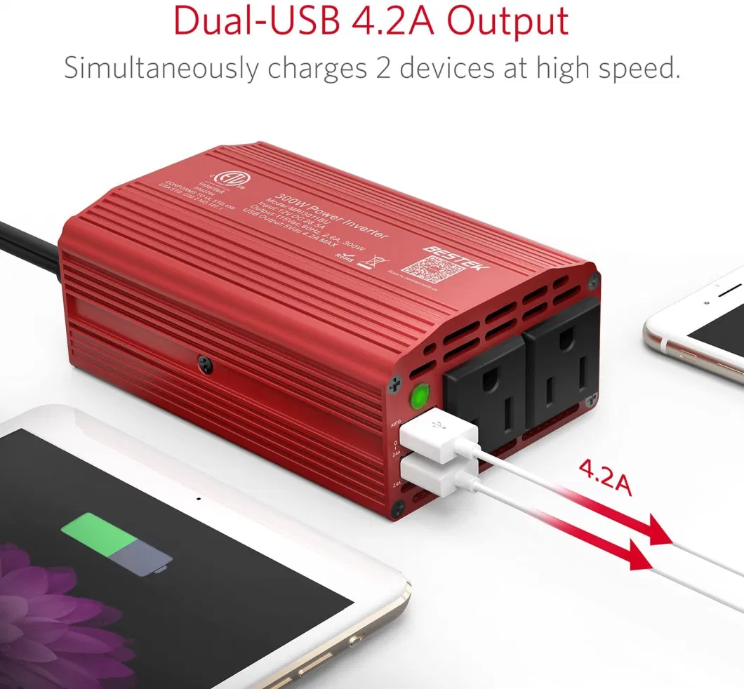 300W Power Inverter DC 12V to 110V AC on-Board Inverter with 4.2A Dual USB on-Board Adapter