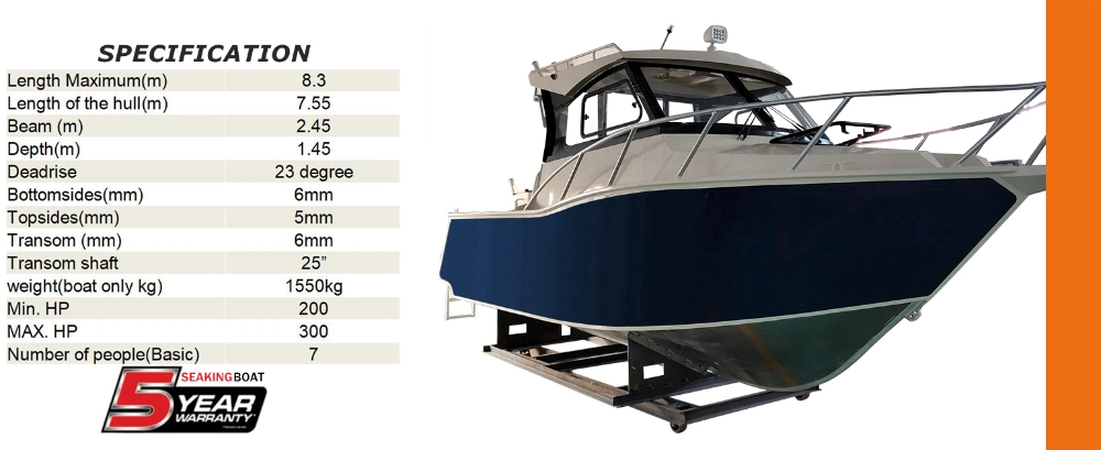 7.55m 25FT Deep V Hull Stable Aluminum Pleasure Fishing Boats