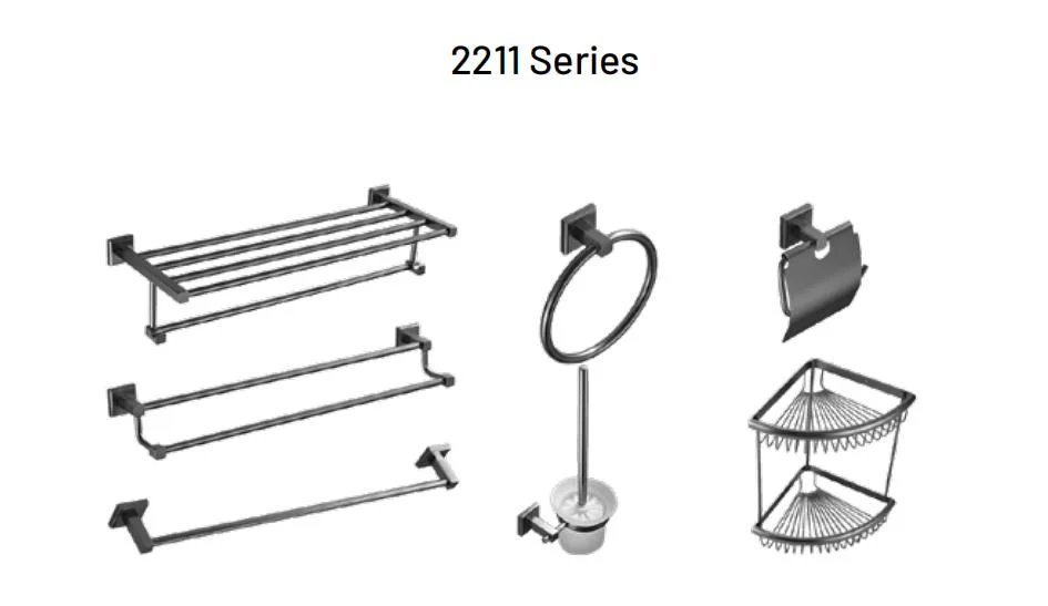 2211series High Quality Matte Black Bathroom Accessories Set Wall Mounted Brass Hardware Towel Bar Towel Rack Corner Basket