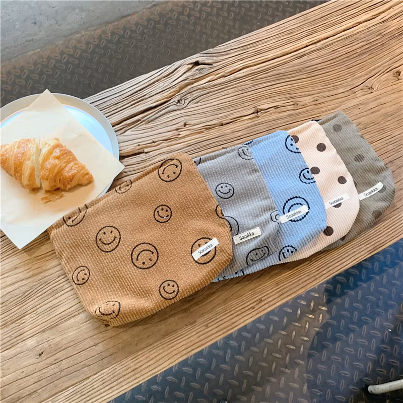 Corduroy Makeup Bag Smiley Face Organizer Wash Hold Bag Key Mobile Phone Purse Pen Pouch