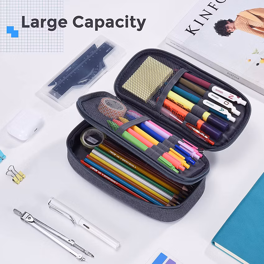 Big Capacity Pencil Case 3 Compartments Canvas Bag Multifunctional Marker Pen Pouch Holder Office College School Durable Portable Large Storage Pen Bag