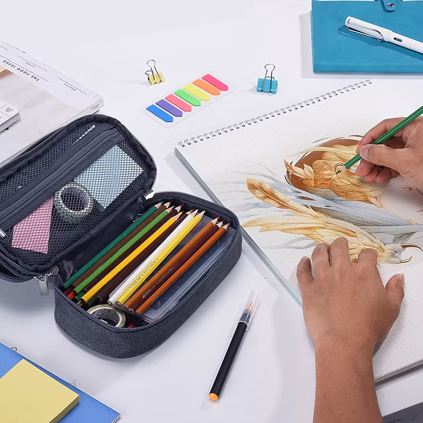 Big Capacity Pencil Case 3 Compartments Canvas Bag Multifunctional Marker Pen Pouch Holder Office College School Durable Portable Large Storage Pen Bag