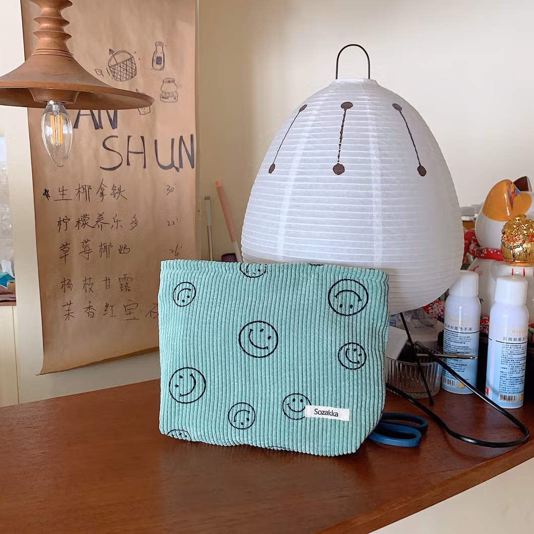 Corduroy Makeup Bag Smiley Face Organizer Wash Hold Bag Key Mobile Phone Purse Pen Pouch
