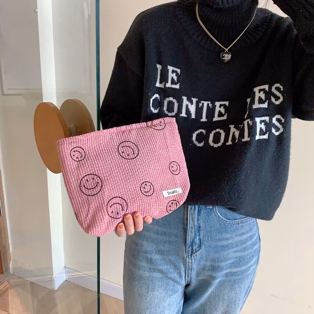 Corduroy Makeup Bag Smiley Face Organizer Wash Hold Bag Key Mobile Phone Purse Pen Pouch