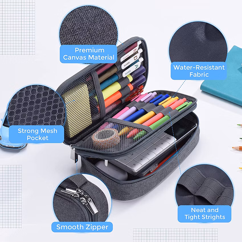 Big Capacity Pencil Case 3 Compartments Canvas Bag Multifunctional Marker Pen Pouch Holder Office College School Durable Portable Large Storage Pen Bag