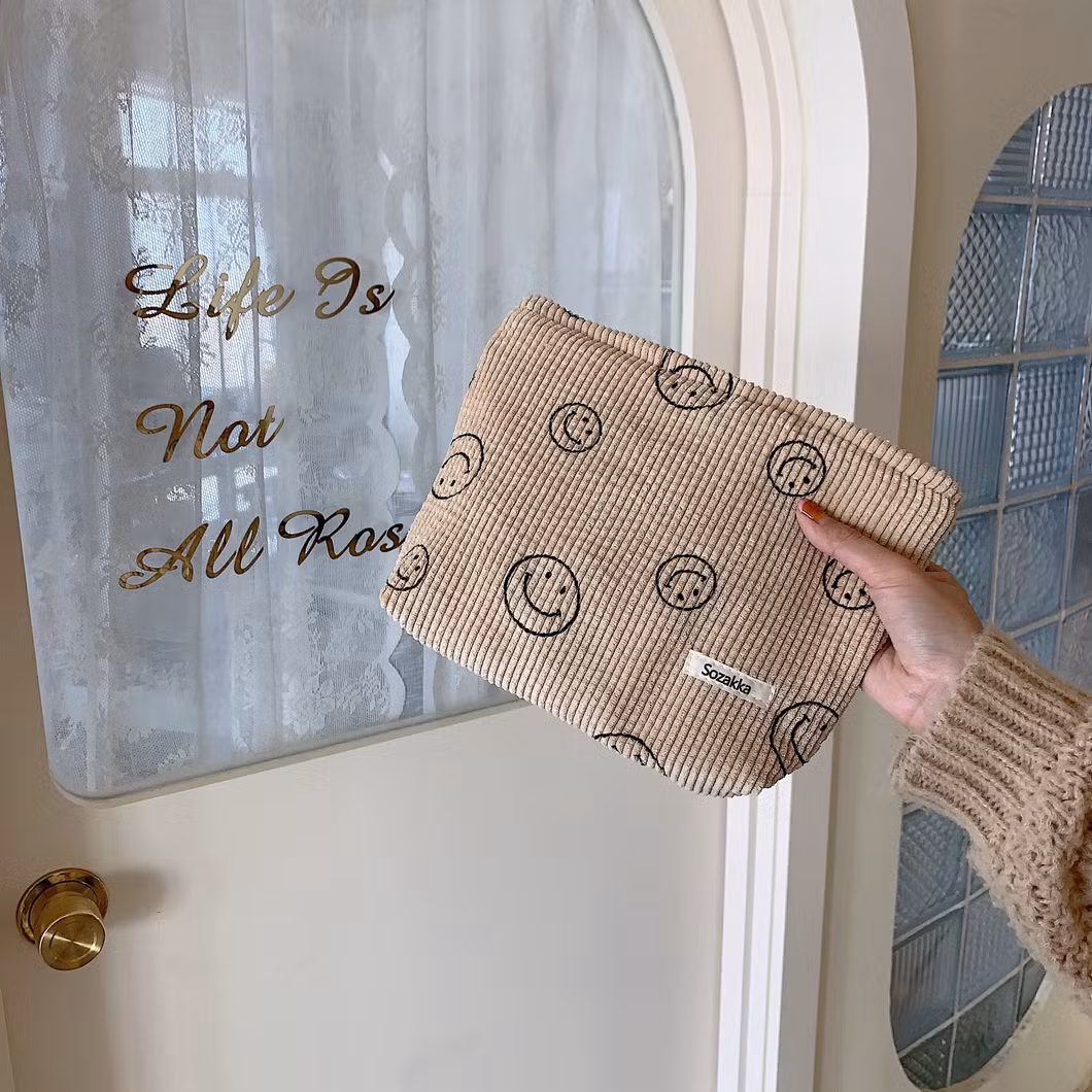 Corduroy Makeup Bag Smiley Face Organizer Wash Hold Bag Key Mobile Phone Purse Pen Pouch