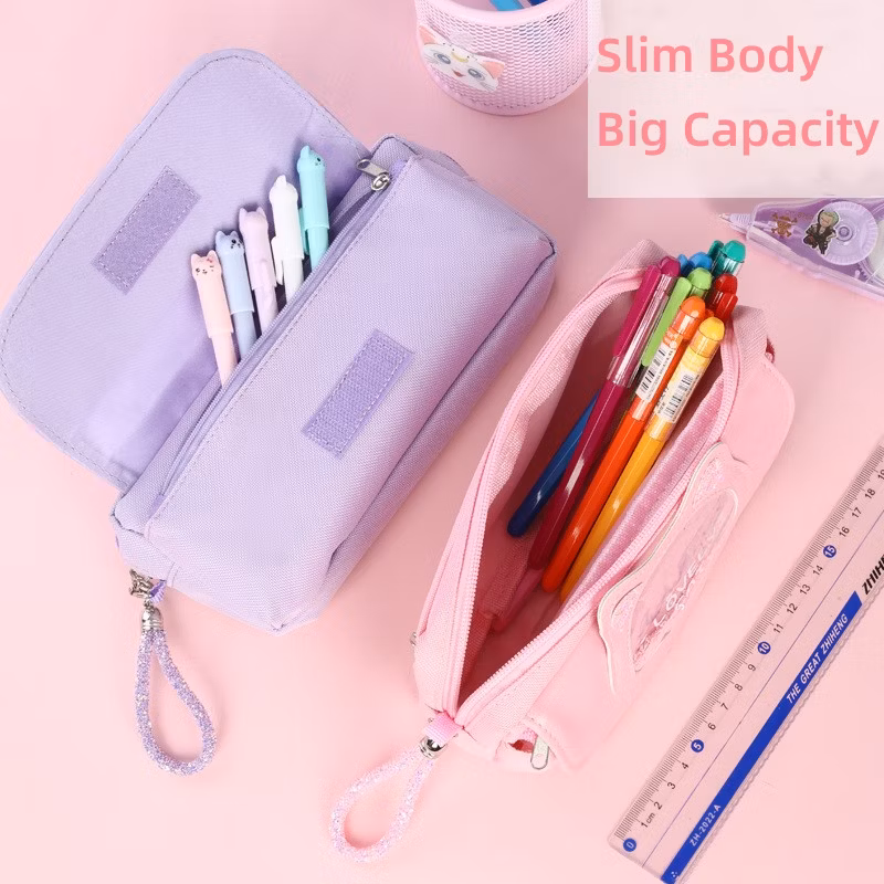 Pink Canvas Pencil Bag Colourful Large Storage Pencil Case Pen Bag with Zipper Big Capacity Pouch Organizer