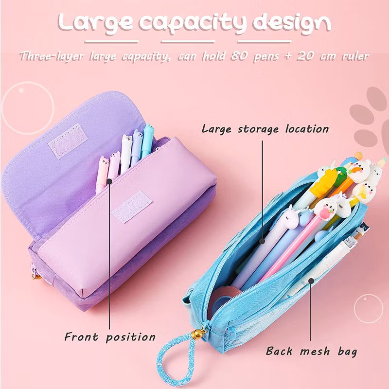 Pink Canvas Pencil Bag Colourful Large Storage Pencil Case Pen Bag with Zipper Big Capacity Pouch Organizer