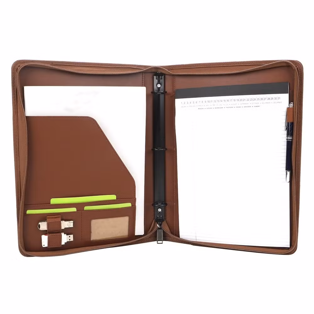 Interview Writing Pad Zippered Portfolio 3 Ring Binder Business PU Leather Padfolio Document Organizer