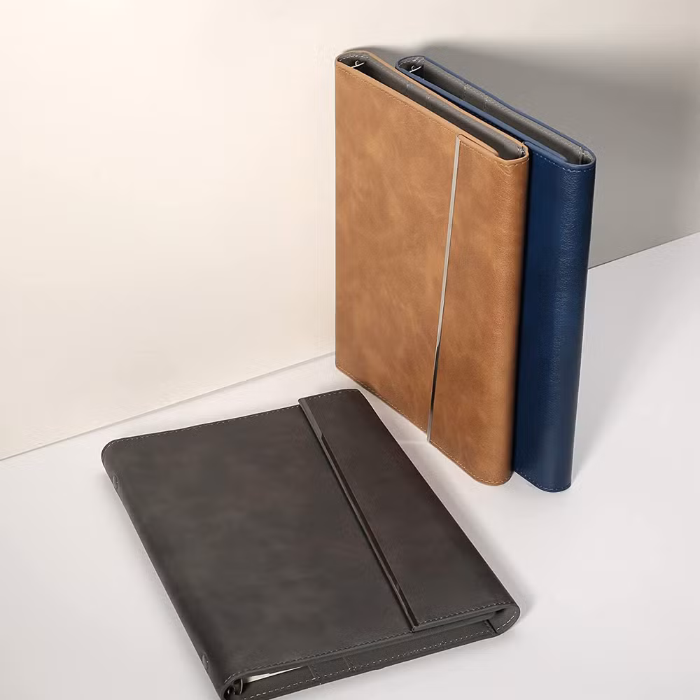 3 Ring Binder File Folder Unique Black Leather Portfolio with Hollow Window