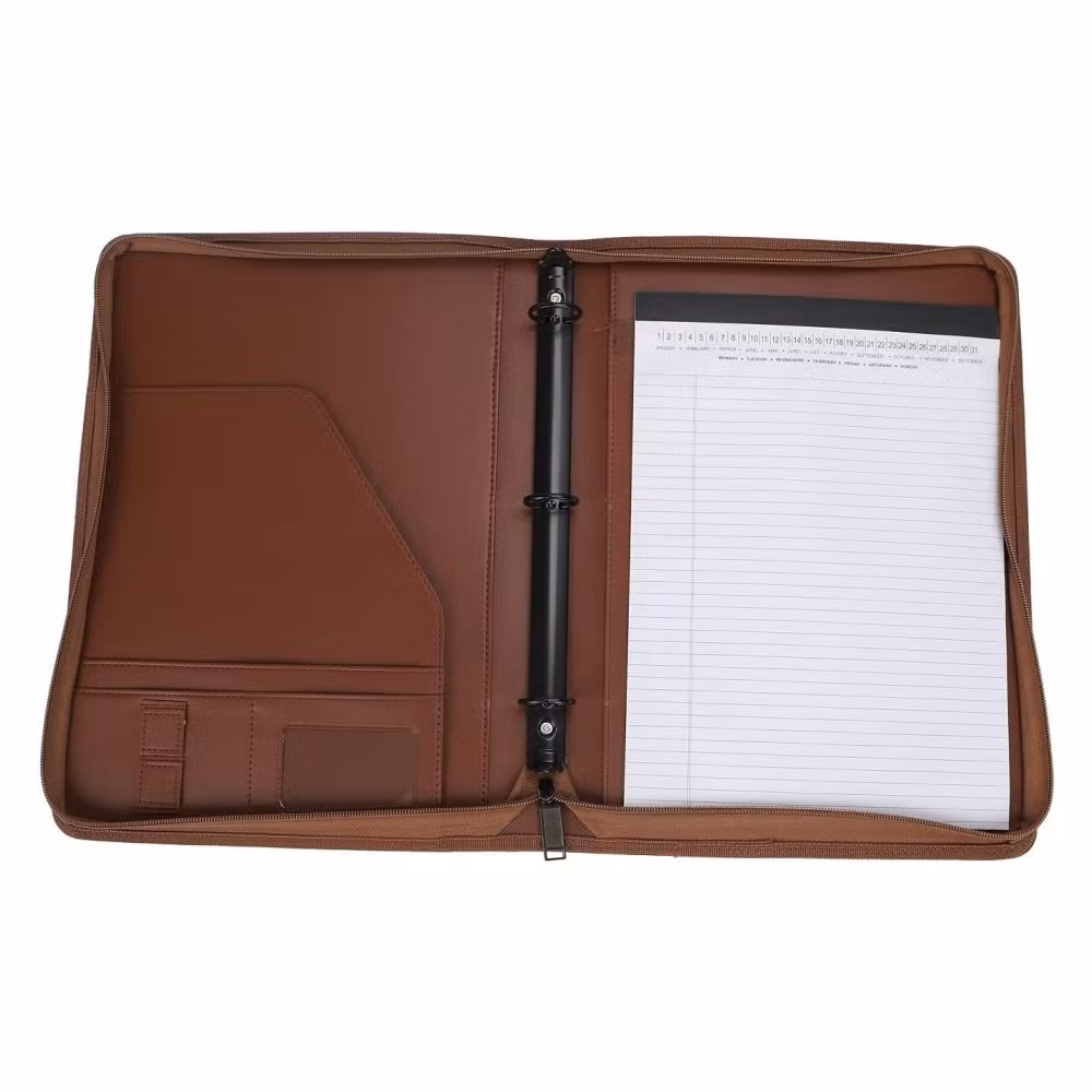Interview Writing Pad Zippered Portfolio 3 Ring Binder Business PU Leather Padfolio Document Organizer