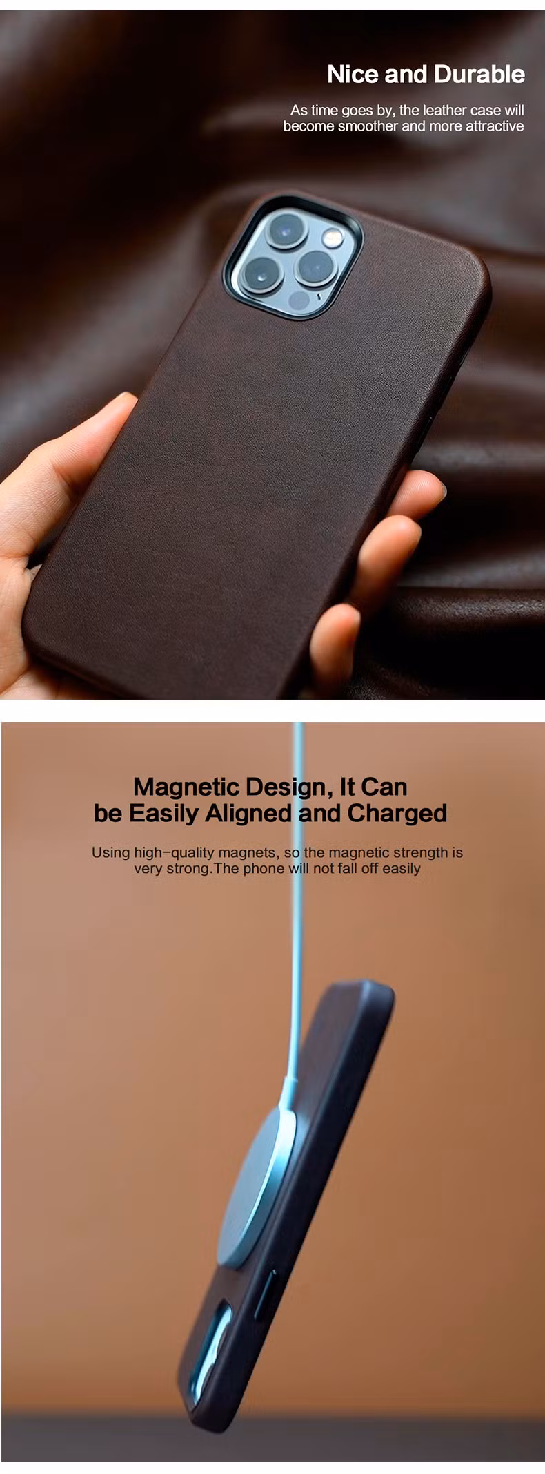 Custom Wireless Charging Brown Leather Phone Cover Mobile Phone Housing iPhone Case