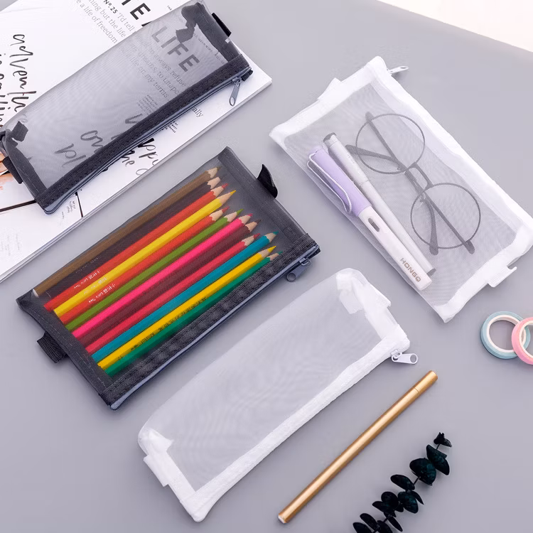 Creative Simple Transparent Mesh Pencil Bag Zipper Stationery Bag