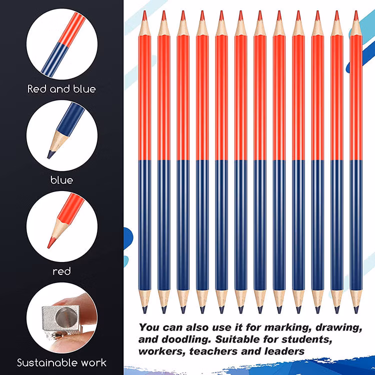 Factory Customized High Quality OEM Red Blue Double Ended Wooden Round Pencils with Case for Students