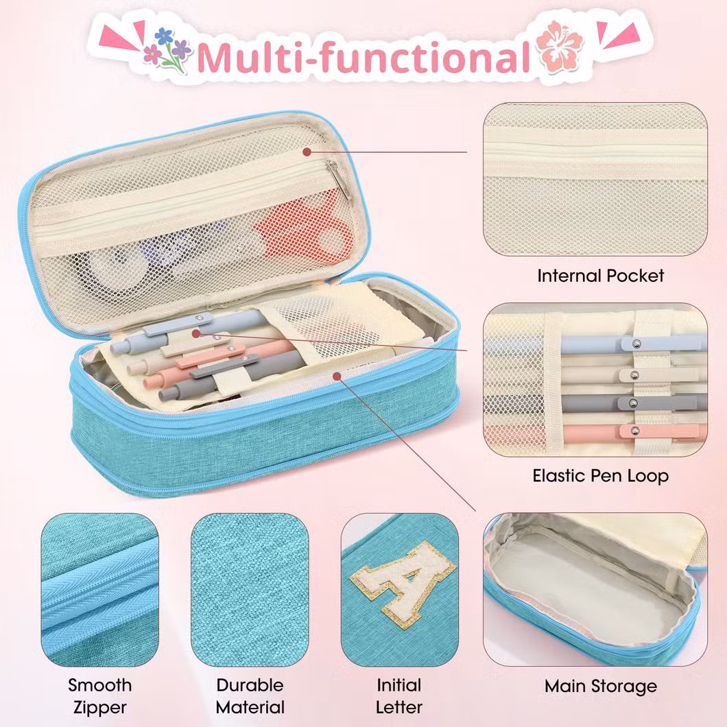 Preppy Pencil Case for School Supplies, Large Initial Pencil Pouch with Zipper, Cute Pencil Bag for Office Supplies, Aesthetic Pen Case Box for Kids Teen Girls