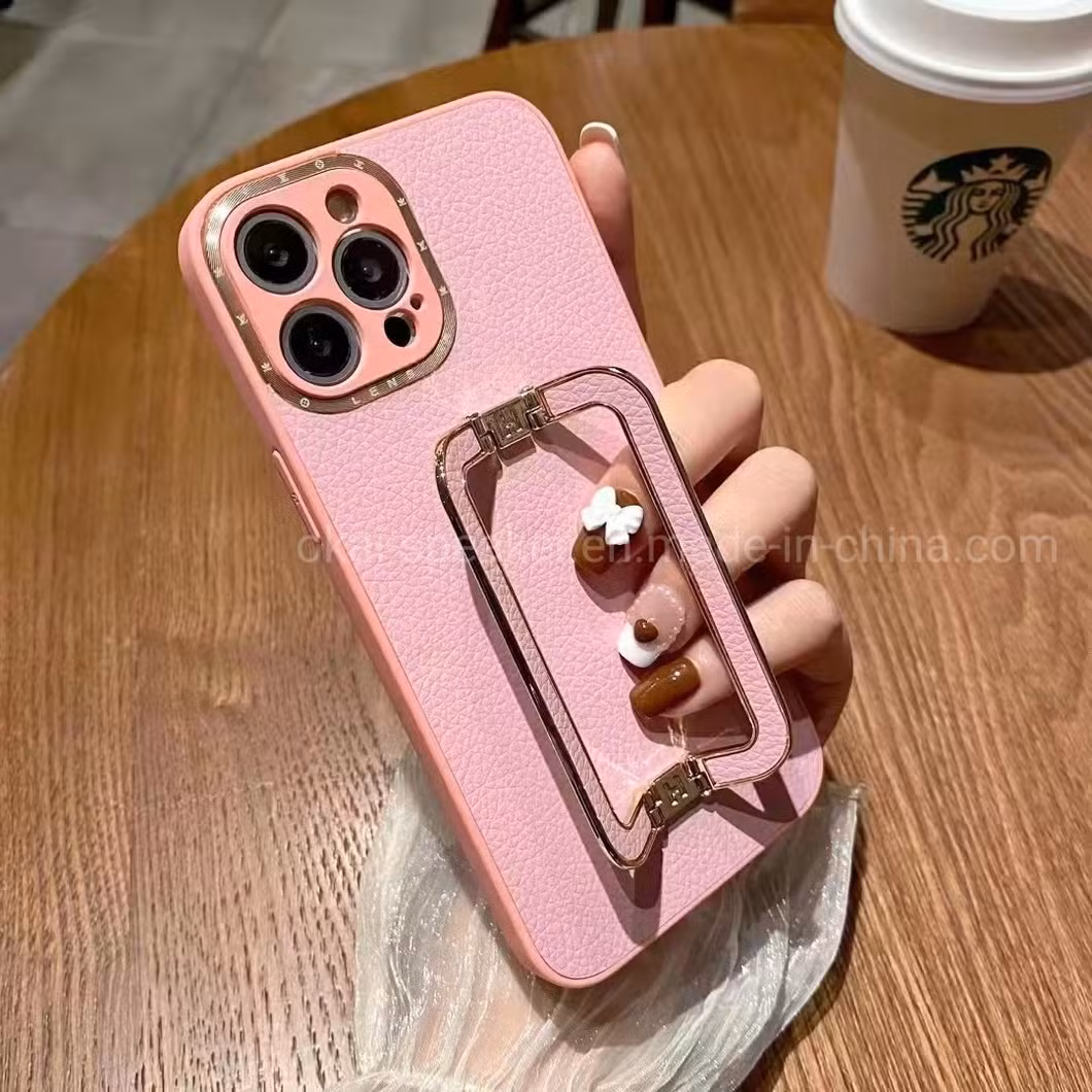 Hot Simple PU Big Metal Stand Holder Cell Mobile Phone Case