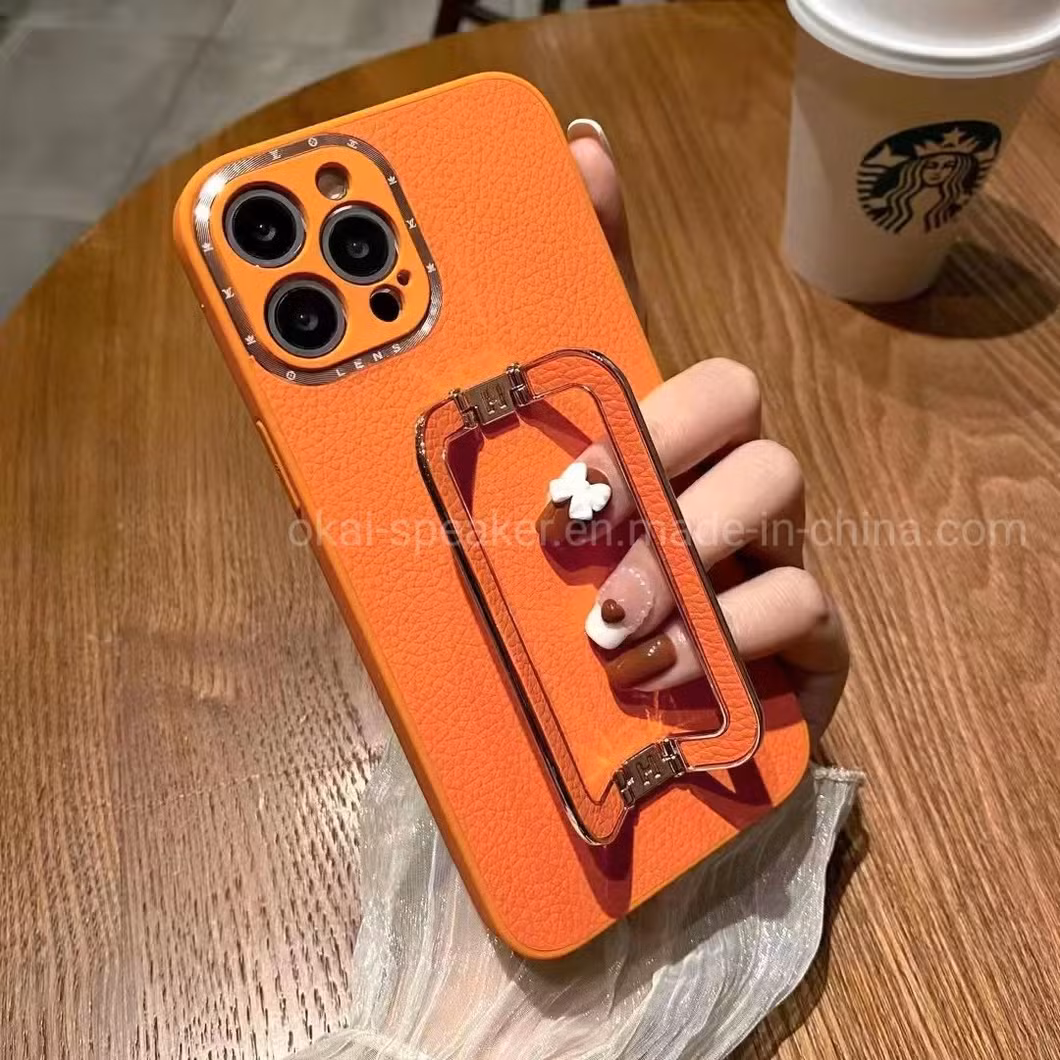 Hot Simple PU Big Metal Stand Holder Cell Mobile Phone Case