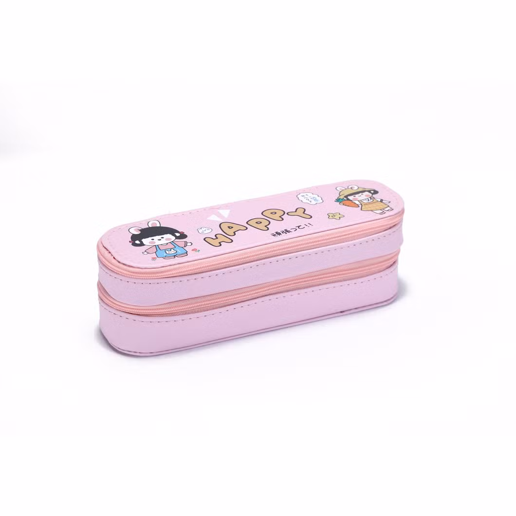 Wholesale Full Color Printing PU Pencil Pouch Bags Cases with 2 Layers and 2 Zippers for School Office Student Boys &amp; Girls