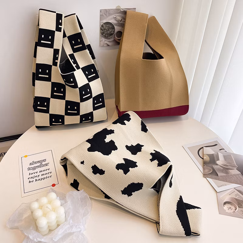 Sh2442 Crochet Storage Tote Bags Traveling Foldable Purse Cute Blank for Women Large Custom with Logo Hand Wholesale Handmade Checkerboard Knitted Bag