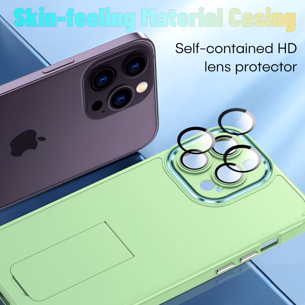 Wireless Charging Protective Lens Mobile Case for iPhone 15 Promax with Portable Stand Metal Frame
