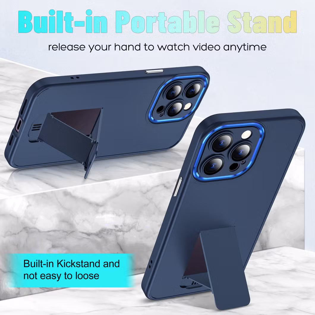 Wireless Charging Protective Lens Mobile Case for iPhone 15 Promax with Portable Stand Metal Frame