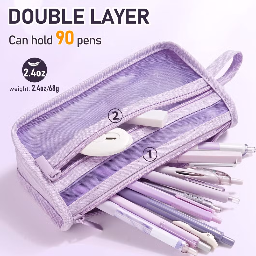 Mesh Pencil Case with Handle Zipper Clear Double Layer Pen Bag