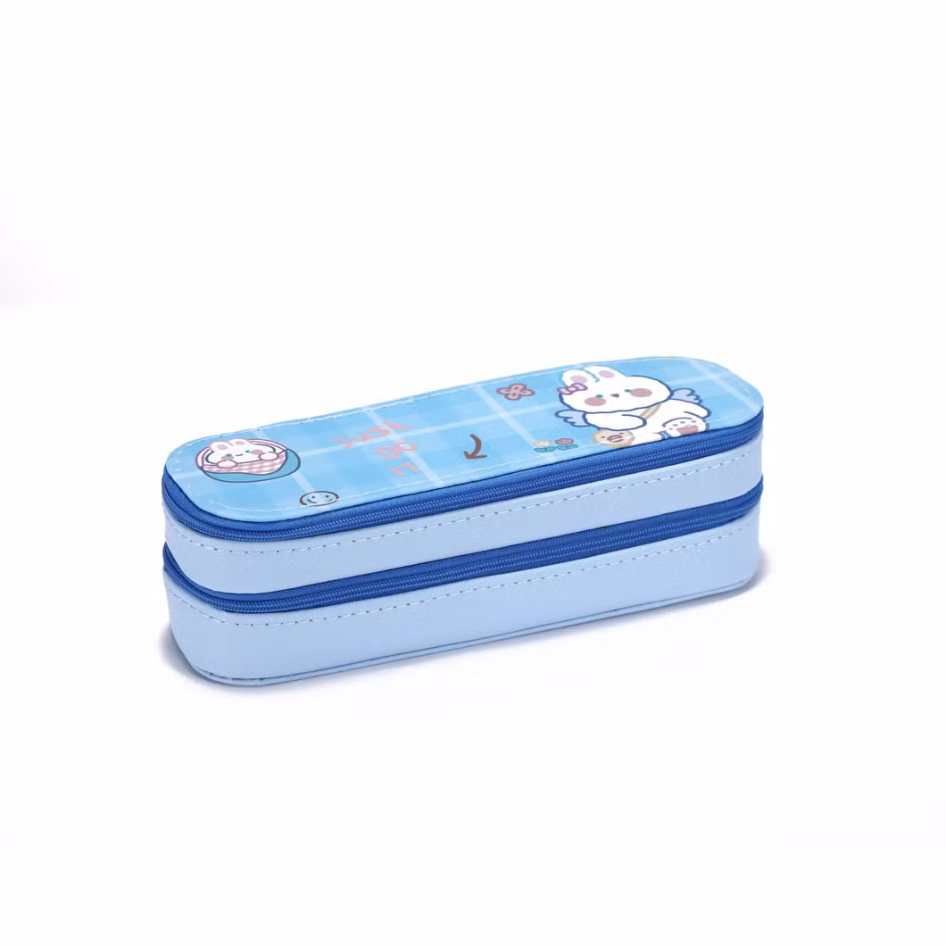 Wholesale Full Color Printing PU Pencil Pouch Bags Cases with 2 Layers and 2 Zippers for School Office Student Boys &amp; Girls