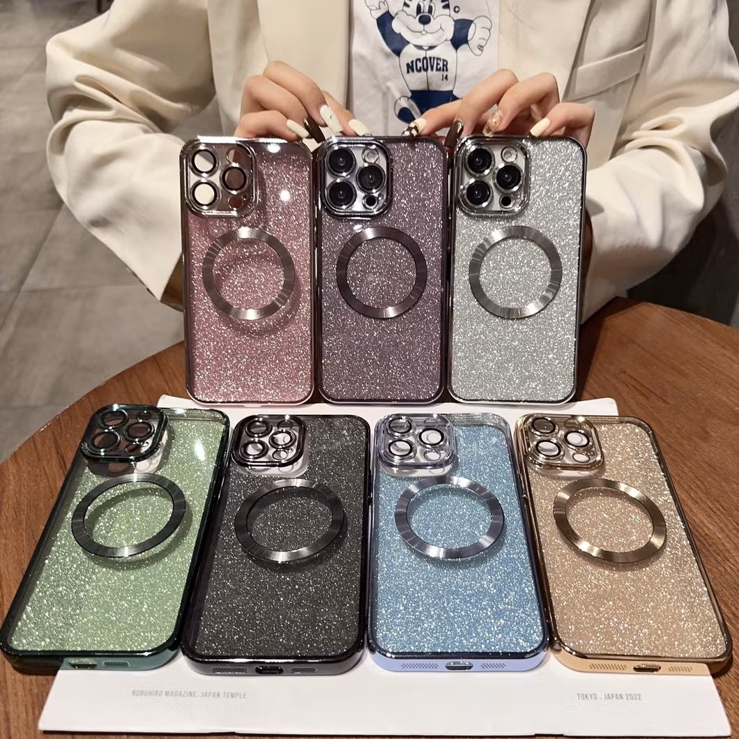 New Luxury Transparent Flash Powder Magnetic Mobile Phone Case Lens Protection for iPhone 11 12 13 14 15 PRO Max with Wireless Charging